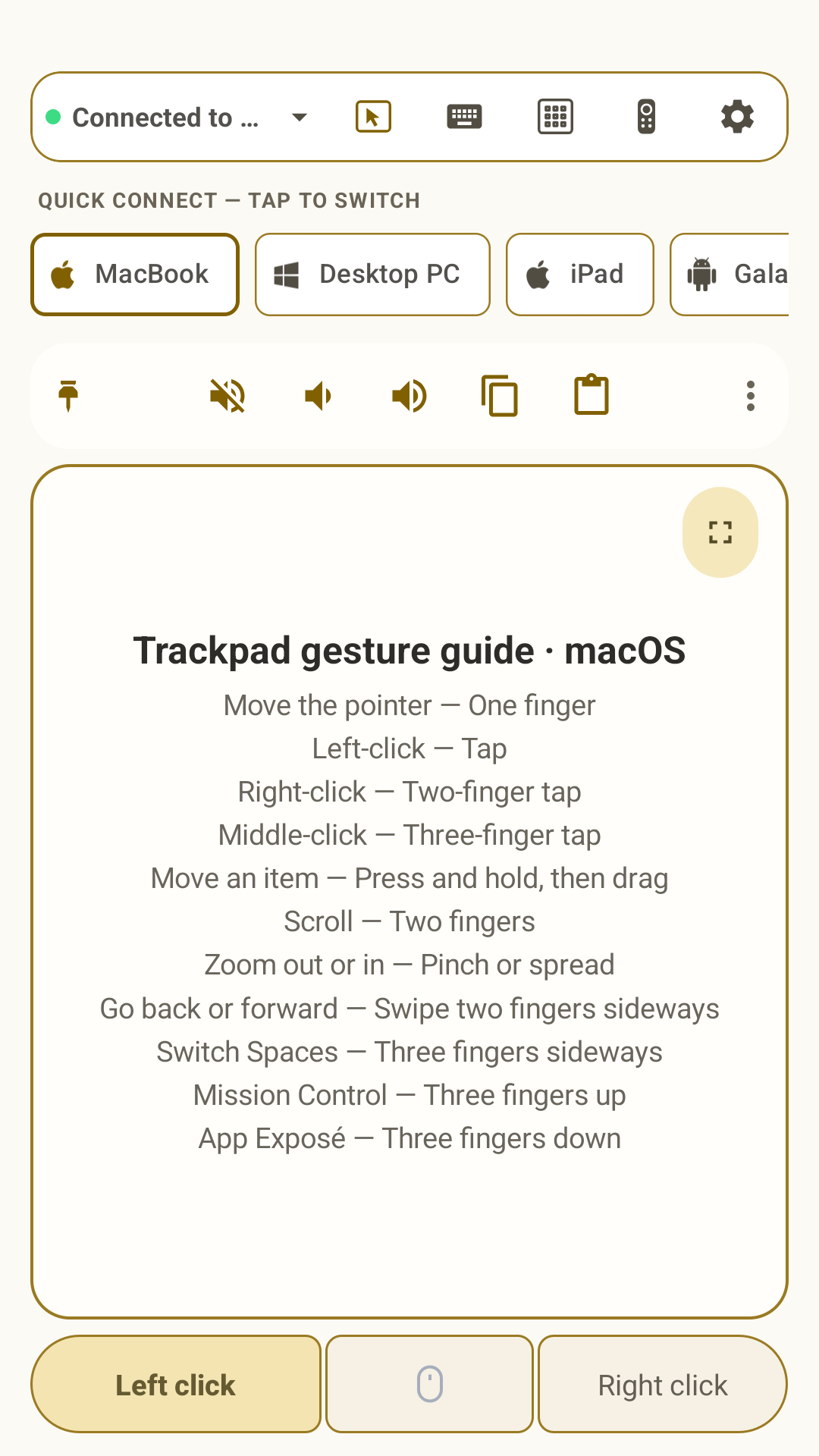 Omny Pad Ivory Gold trackpad with connected-device switcher, Quick Connect, and Quick Panel