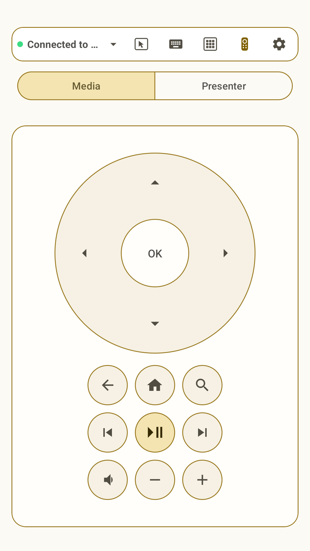 Omny Pad media remote with directional, playback, and volume controls