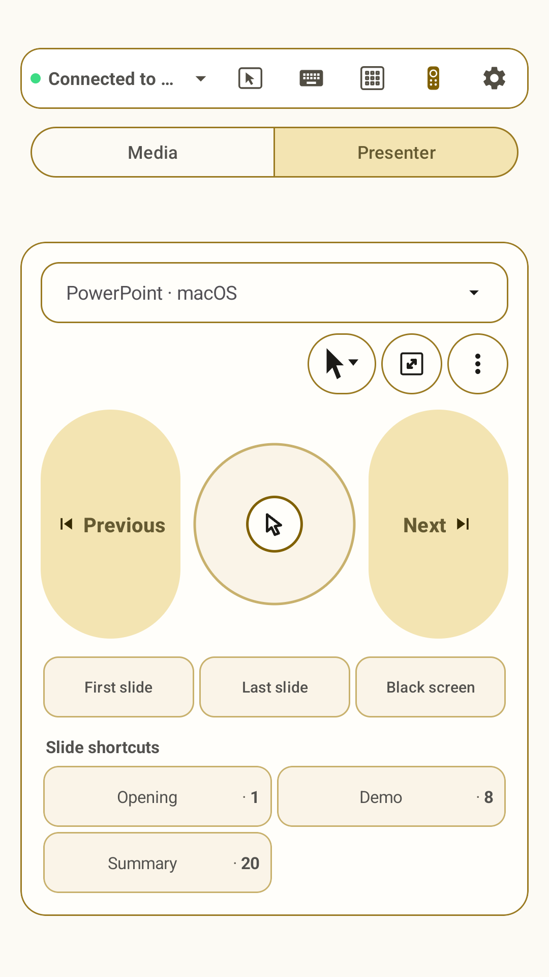 Omny Pad presenter with PowerPoint profile, pointer pad, slide controls, and shortcuts
