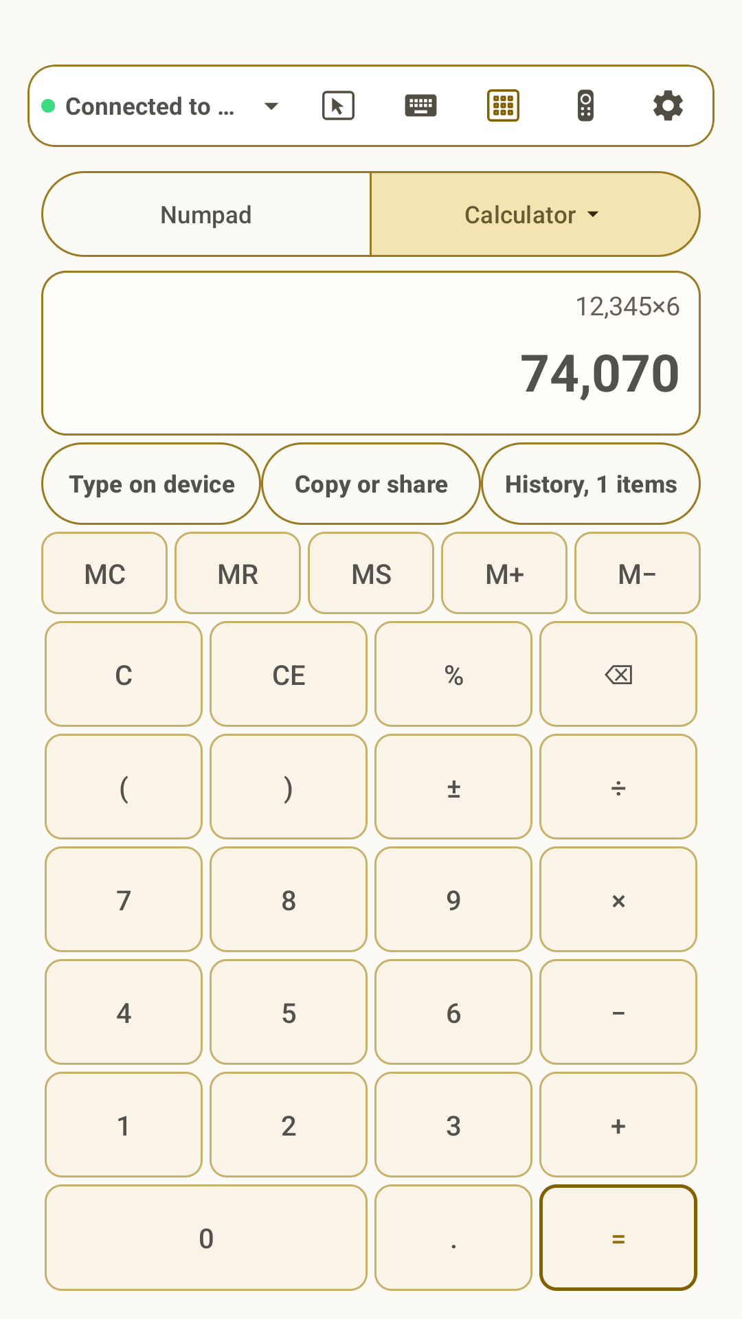 Omny Pad standard calculator with grouped numbers, device input, sharing, and history