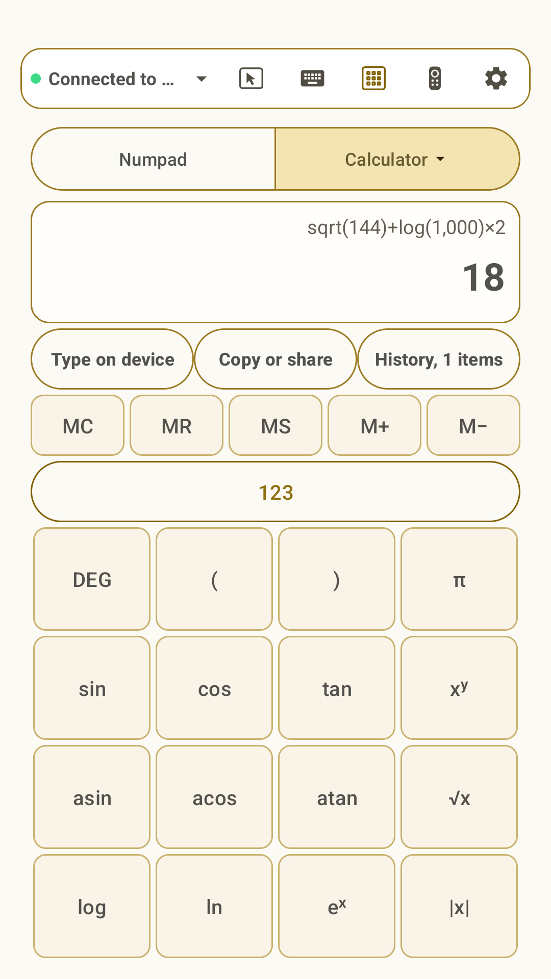 Omny Pad scientific calculator evaluating a multi-step expression