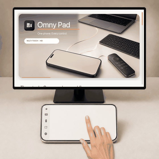 Move the pointer: animated hand demonstration. Slide one finger in any direction. The pointer follows the same direction on the connected device. Pointer moves.